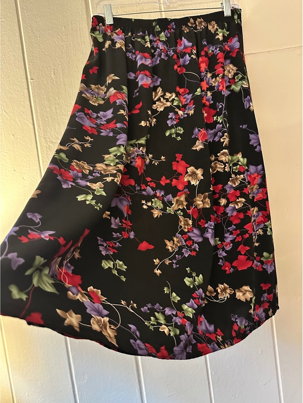 Vintage Blair Floral Midi Skirt Medium Black Multicolor Elastic Waist Sz Medium